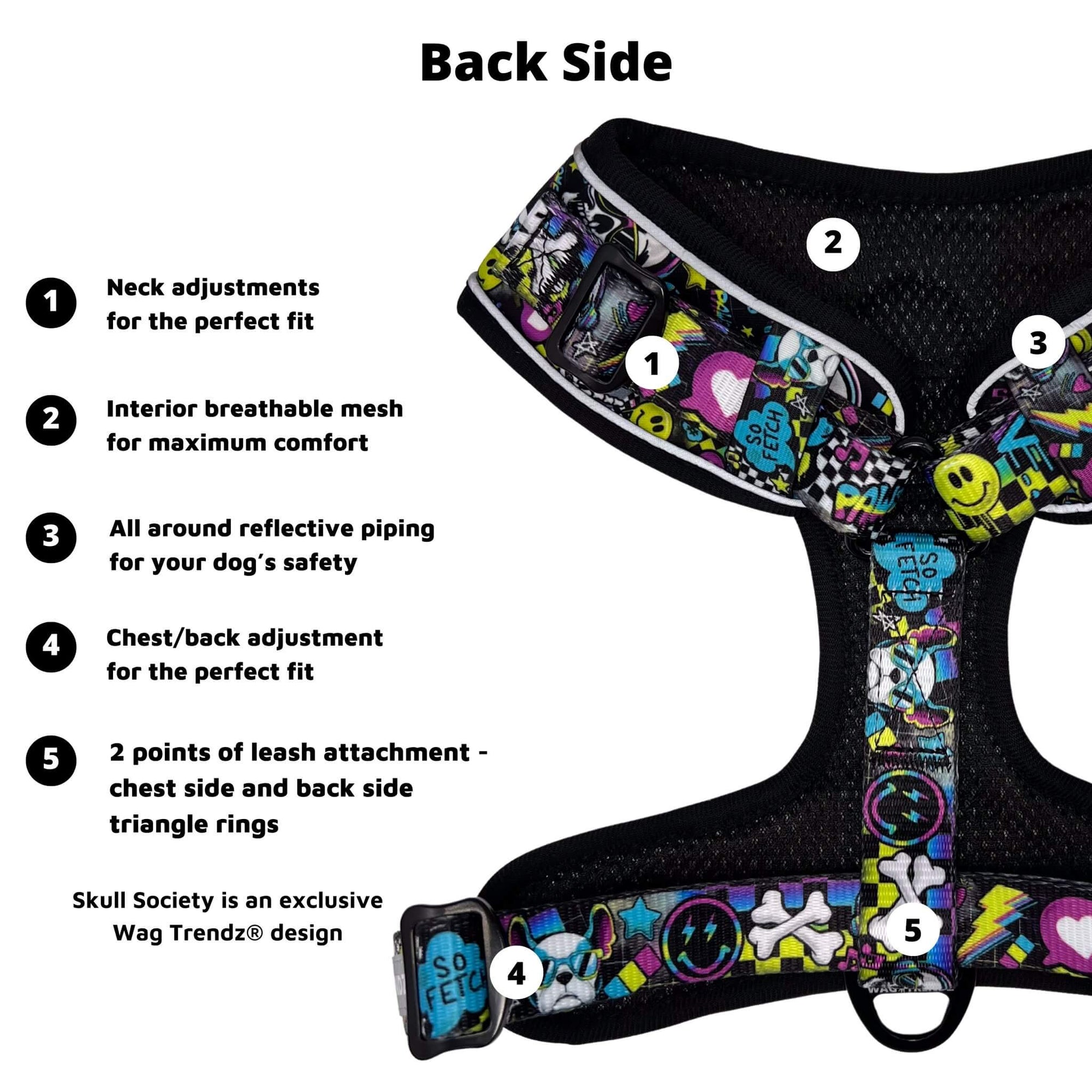 No Pull Dog Harness - Skull Society with multicolored graphics in yellow, blue, purple with black background - backside with product feature captions - against solid white background - Wag Trendz