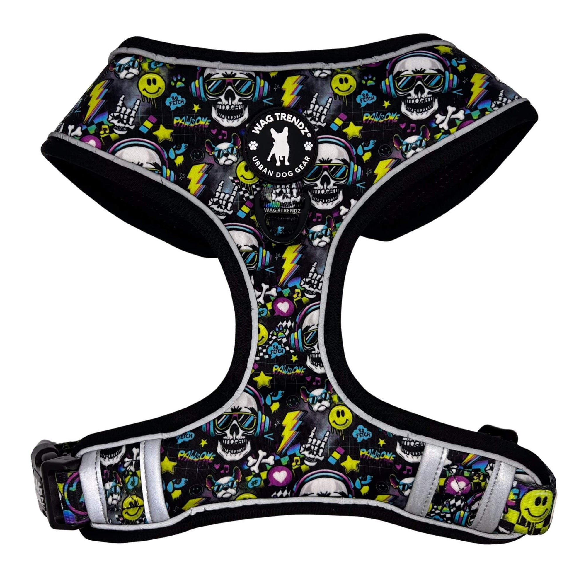 No Pull Dog Harness - Skull Society with multicolored graphics in yellow, blue, purple with black background - chest side - against solid white background - Wag Trendz