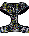 No Pull Dog Harness - Skull Society with multicolored graphics in yellow, blue, purple with black background - chest side - against solid white background - Wag Trendz