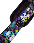 No Pull Dog Harness - Skull Society with multicolored graphics in yellow, blue, purple with black background - closeup of strap - against solid white background - Wag Trendz