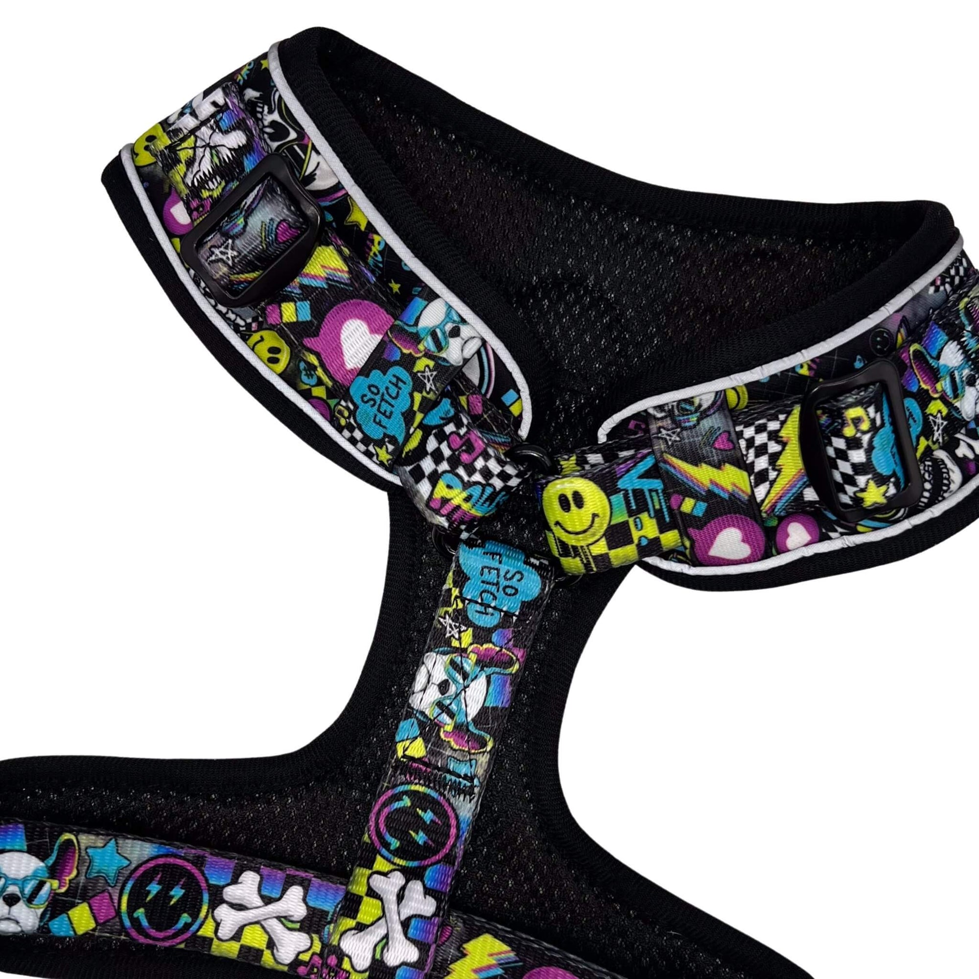 No Pull Dog Harness - Skull Society with multicolored graphics in yellow, blue, purple with black background - backside - against solid white background - Wag Trendz