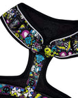 No Pull Dog Harness - Skull Society with multicolored graphics in yellow, blue, purple with black background - backside - against solid white background - Wag Trendz