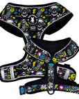 No Pull Dog Harness - Skull Society with multicolored graphics in yellow, blue, purple with black background - chest and back side - against solid white background - Wag Trendz