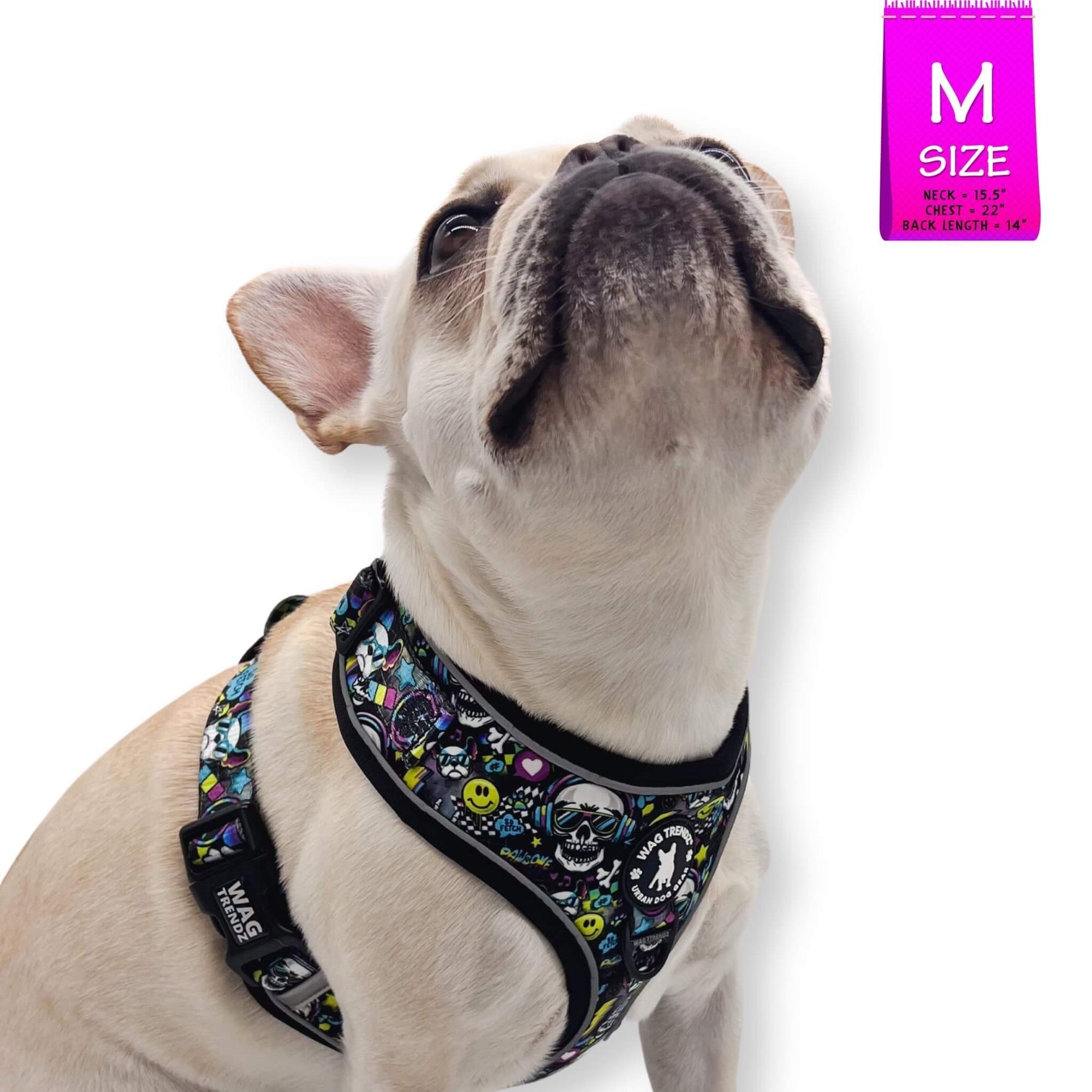 No Pull Dog Harness - French Bulldog wearing Skull Society harness with multicolored graphics in yellow, blue, purple with black background - against solid white background - Wag Trendz