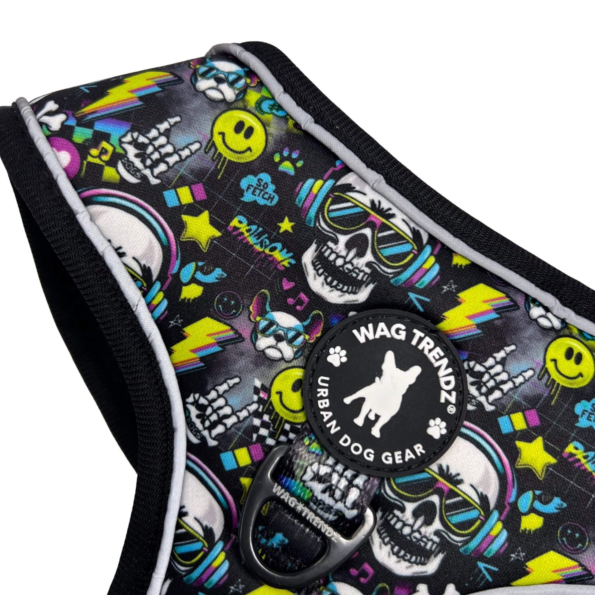 No Pull Dog Harness - Skull Society with multicolored graphics in yellow, blue, purple with black background - closeup - against solid white background - Wag Trendz