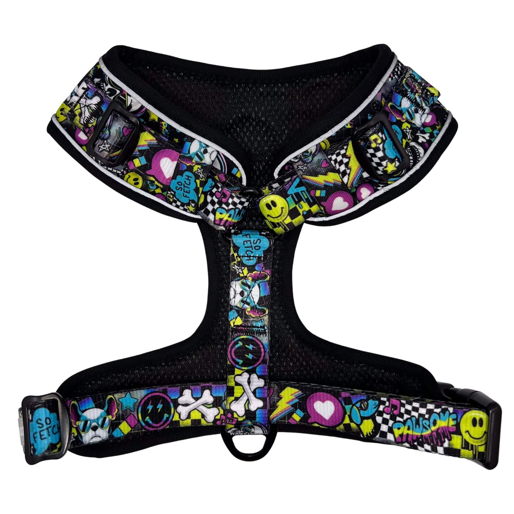 No Pull Dog Harness - Skull Society with multicolored graphics in yellow, blue, purple with black background -backside - against solid white background - Wag Trendz