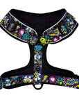 No Pull Dog Harness - Skull Society with multicolored graphics in yellow, blue, purple with black background -backside - against solid white background - Wag Trendz