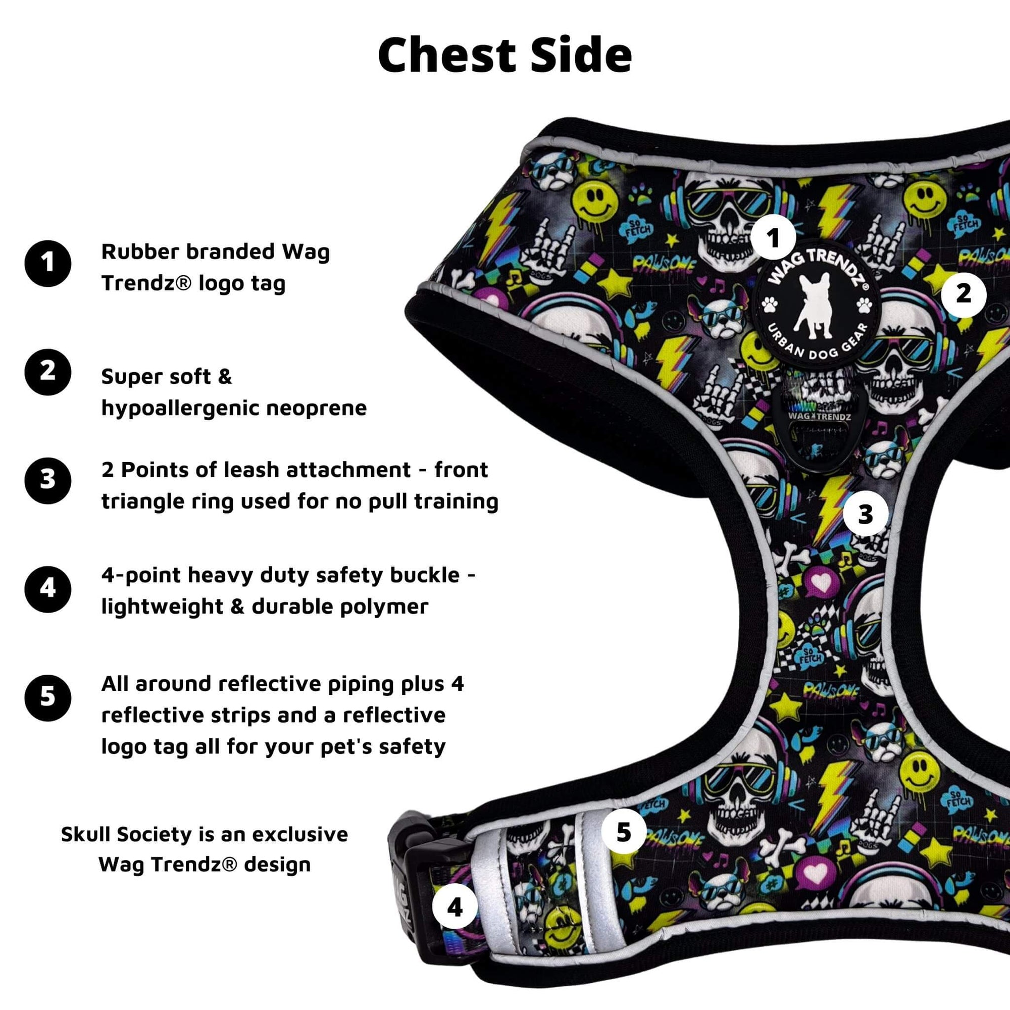 No Pull Dog Harness - Skull Society with multicolored graphics in yellow, blue, purple with black background - chest side with product feature captions - against solid white background - Wag Trendz