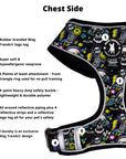 No Pull Dog Harness - Skull Society with multicolored graphics in yellow, blue, purple with black background - chest side with product feature captions - against solid white background - Wag Trendz