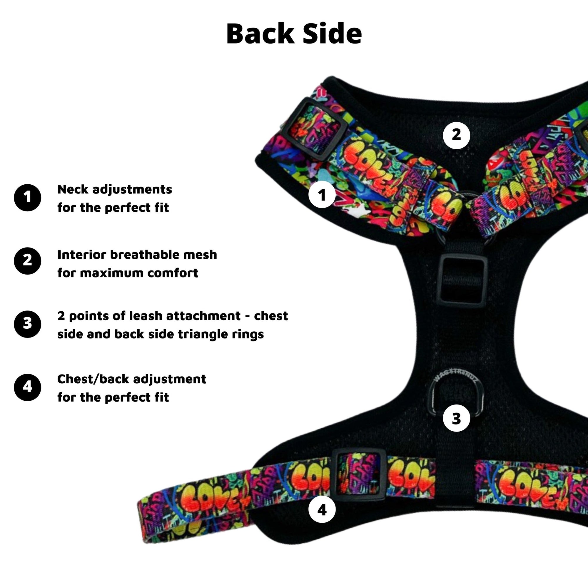 No Pull Dog Harness - Adjustable - Front Clip - multi-colored street graffiti on dog harness against solid white background - with product feature descriptions for backside of dog harness - Wag Trendz