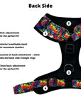 No Pull Dog Harness - Adjustable - Front Clip - multi-colored street graffiti on dog harness against solid white background - with product feature descriptions for backside of dog harness - Wag Trendz