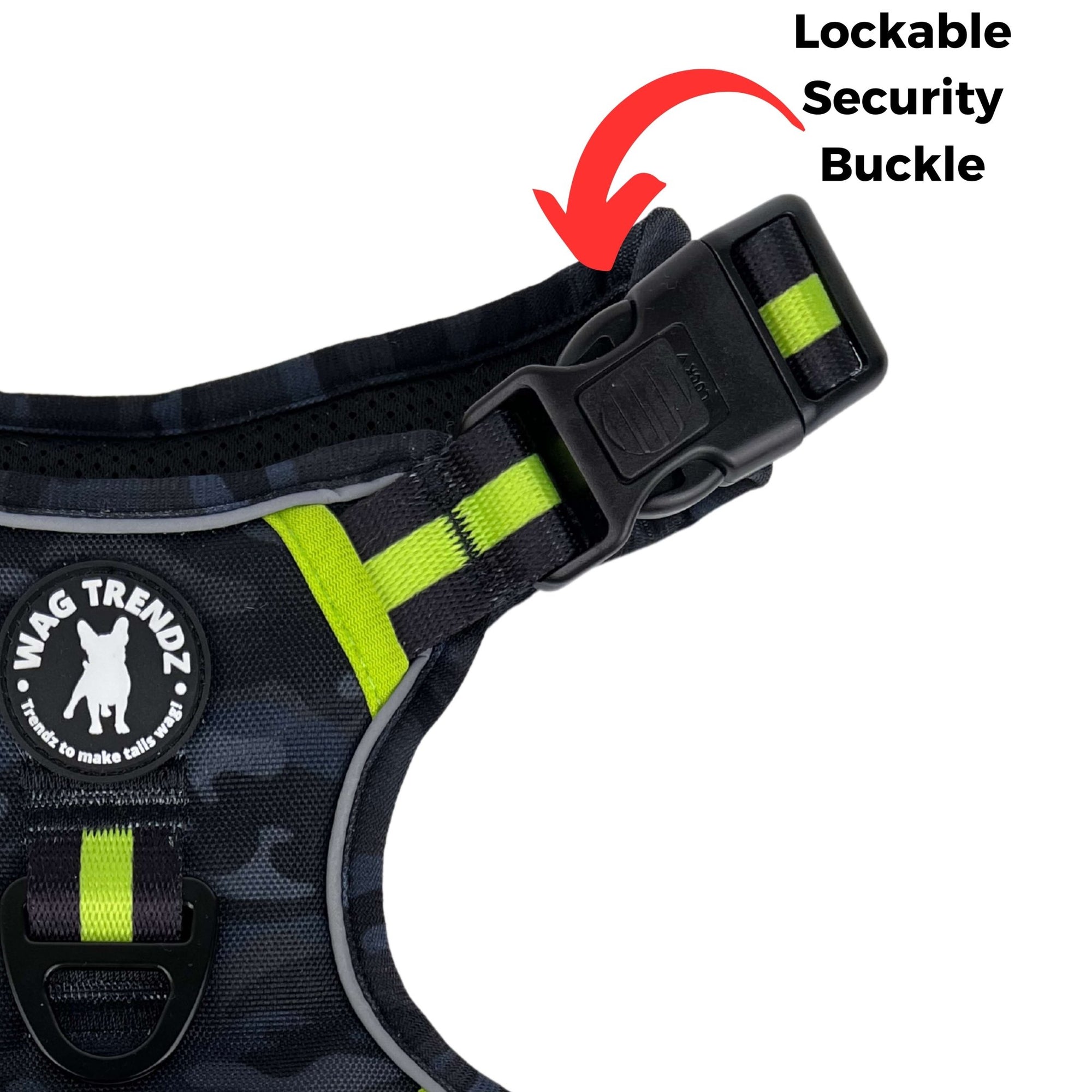 No Pull Dog Harness with Handle - Large - Camo Hi Vis harness with dark camo and high visibility green - closeup of security buckle - against solid white background - Wag Trendz