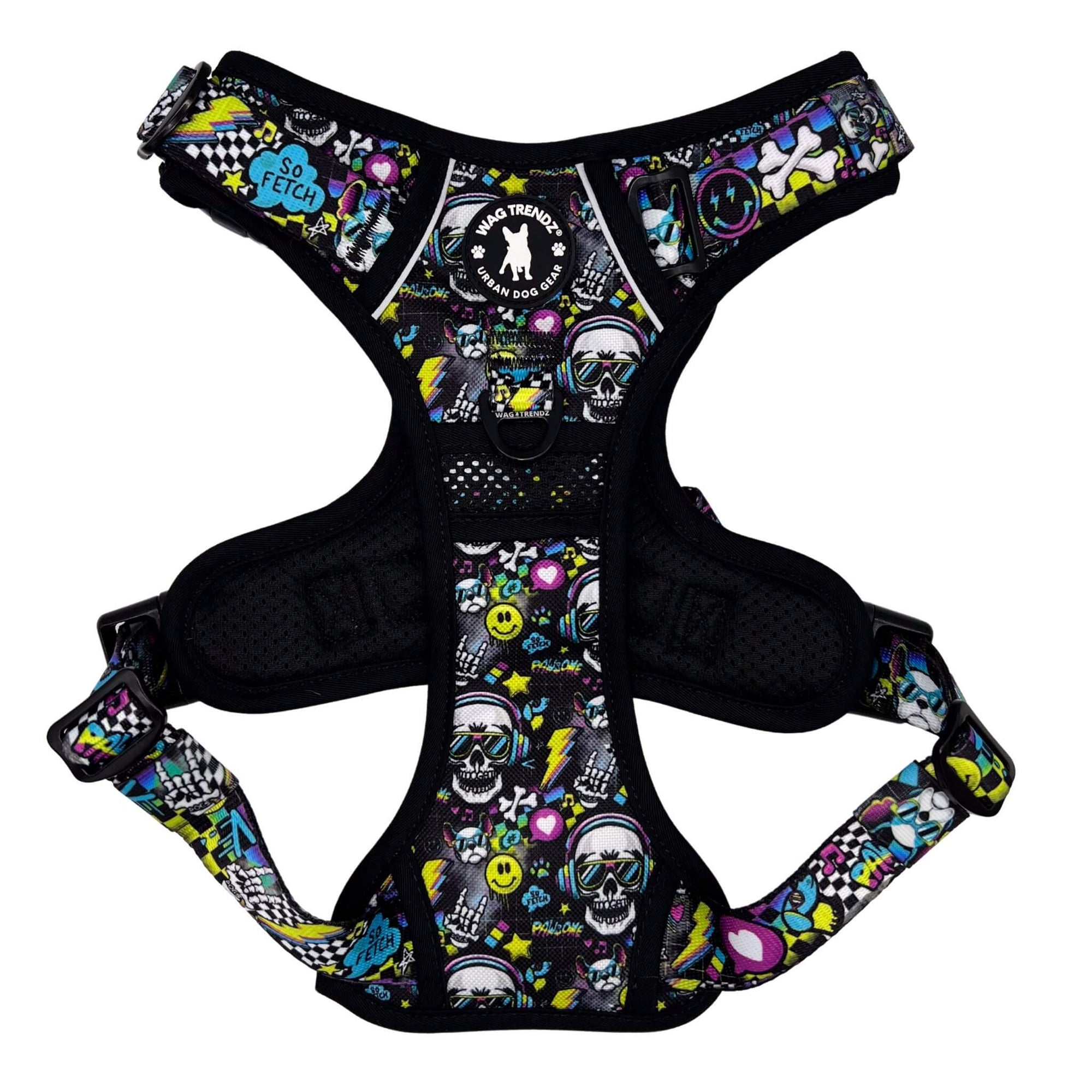 No Pull Dog Harness with Handle - Skull Society with multicolored graphics in yellow, blue, purple with black background - chest side - against solid white background - Wag Trendz