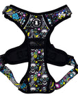 No Pull Dog Harness with Handle - Skull Society with multicolored graphics in yellow, blue, purple with black background - chest side - against solid white background - Wag Trendz