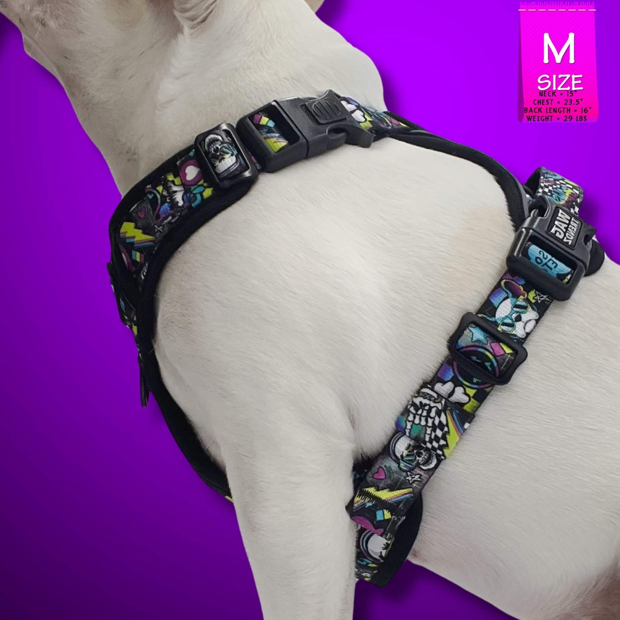 No Pull Dog Harness with Handle - Frenchie Bulldog wearing Skull Society harness with multicolored graphics in yellow, blue, purple with black background - against solid purple background - Wag Trendz