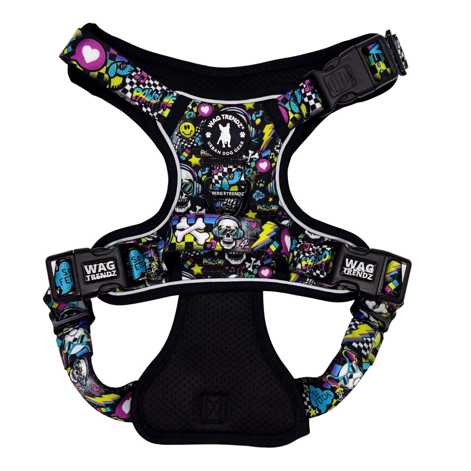 No Pull Dog Harness with Handle - Skull Society with multicolored graphics in yellow, blue, purple with black background -back side - against solid white background - Wag Trendz