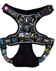 No Pull Dog Harness with Handle - Skull Society with multicolored graphics in yellow, blue, purple with black background -back side - against solid white background - Wag Trendz