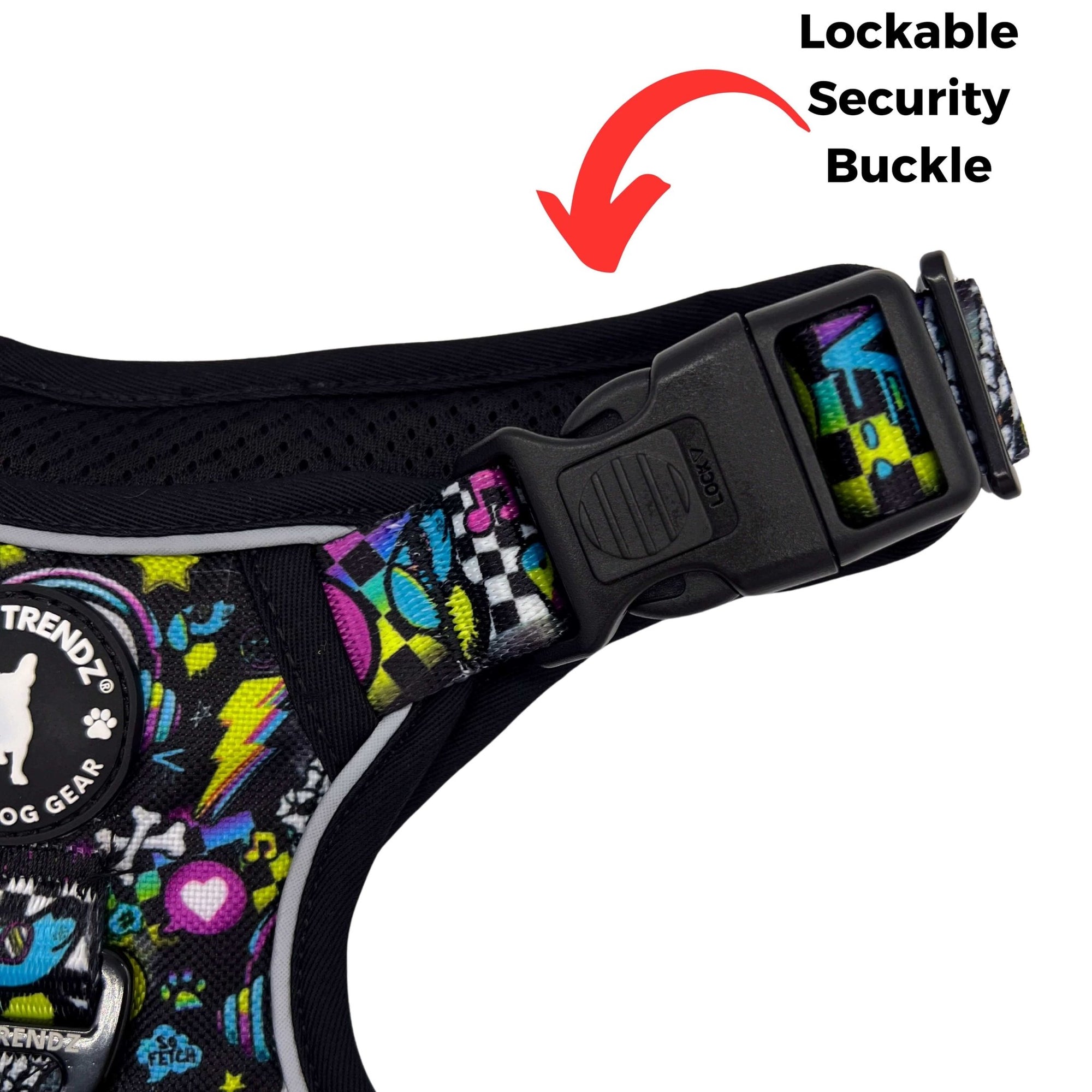 No Pull Dog Harness with Handle - Large - Skull Society harness with multicolored graphics in yellow, blue, purple with black background - closeup of security buckle - against solid white background - Wag Trendz