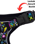 No Pull Dog Harness with Handle - Large - Skull Society harness with multicolored graphics in yellow, blue, purple with black background - closeup of security buckle - against solid white background - Wag Trendz