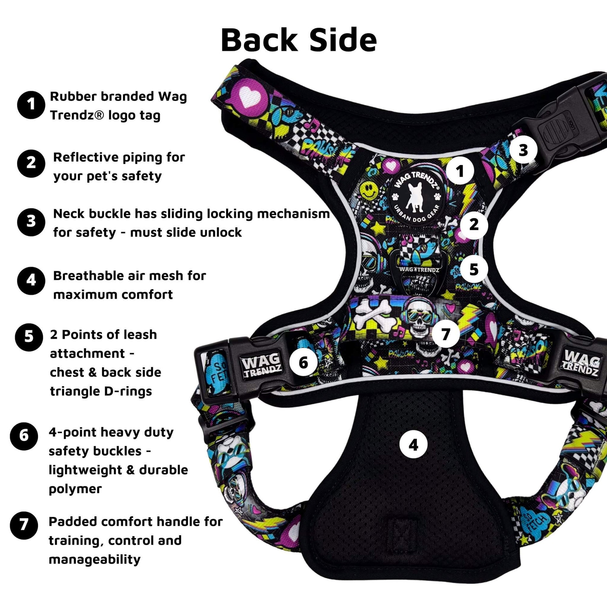 No Pull Dog Harness with Handle - Skull Society harness with multicolored graphics in yellow, blue, purple with black background - with product feature captions - against solid white background - Wag Trendz