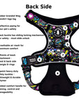 No Pull Dog Harness with Handle - Skull Society harness with multicolored graphics in yellow, blue, purple with black background - with product feature captions - against solid white background - Wag Trendz