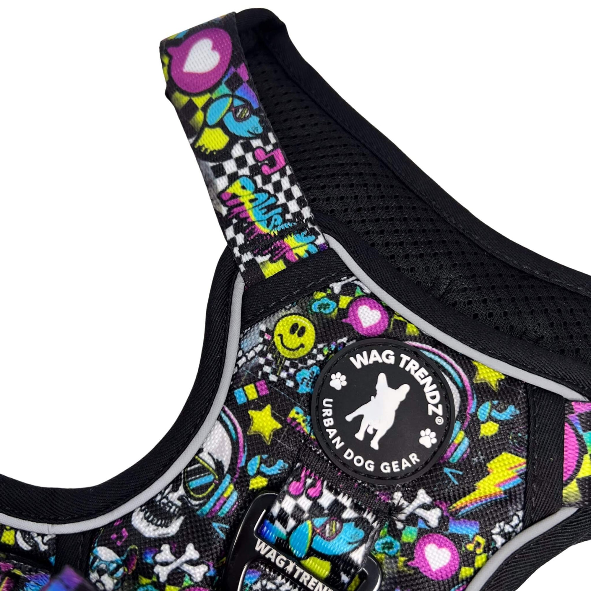 No Pull Dog Harness with Handle - Skull Society with multicolored graphics in yellow, blue, purple with black background - closeup - against solid white background - Wag Trendz