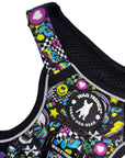 No Pull Dog Harness with Handle - Skull Society with multicolored graphics in yellow, blue, purple with black background - closeup - against solid white background - Wag Trendz