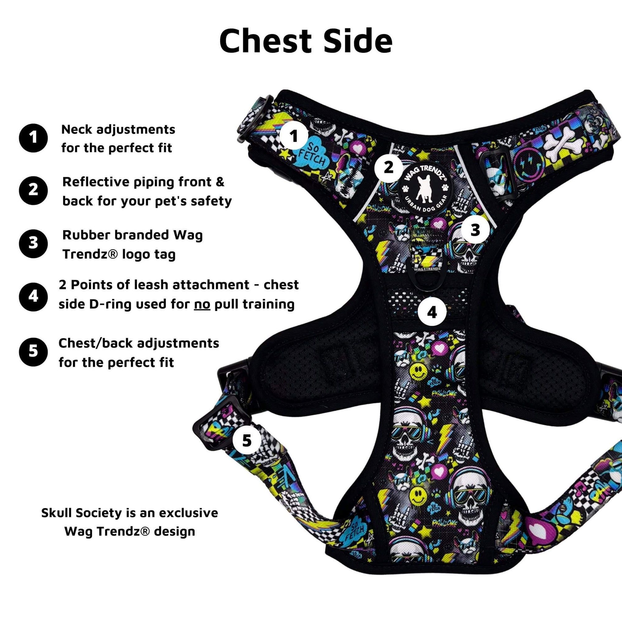 No Pull Dog Harness with Handle - Skull Society harness with multicolored graphics in yellow, blue, purple with black background - with product feature captions - against solid white background - Wag Trendz