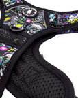 No Pull Dog Harness with Handle - Large - Skull Society harness with multicolored graphics in yellow, blue, purple with black background - against solid white background - Wag Trendz