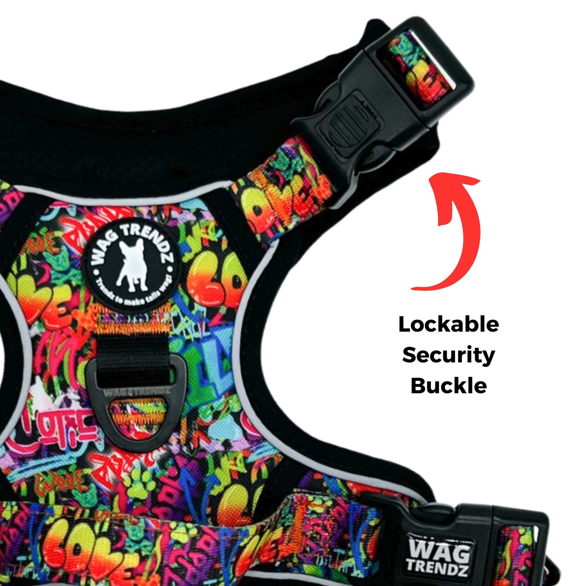 No Pull Dog Harness with Handle - Large - Street Graffitti harness with multicolored graphics with black background - closeup of security buckle - against solid white background - Wag Trendz
