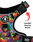 No Pull Dog Harness with Handle - Large - Street Graffitti harness with multicolored graphics with black background - closeup of security buckle - against solid white background - Wag Trendz
