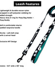 Nylon Dog Leash - black with white paint splatter and teal accents - product feature captions - against solid white background - Wag Trendz