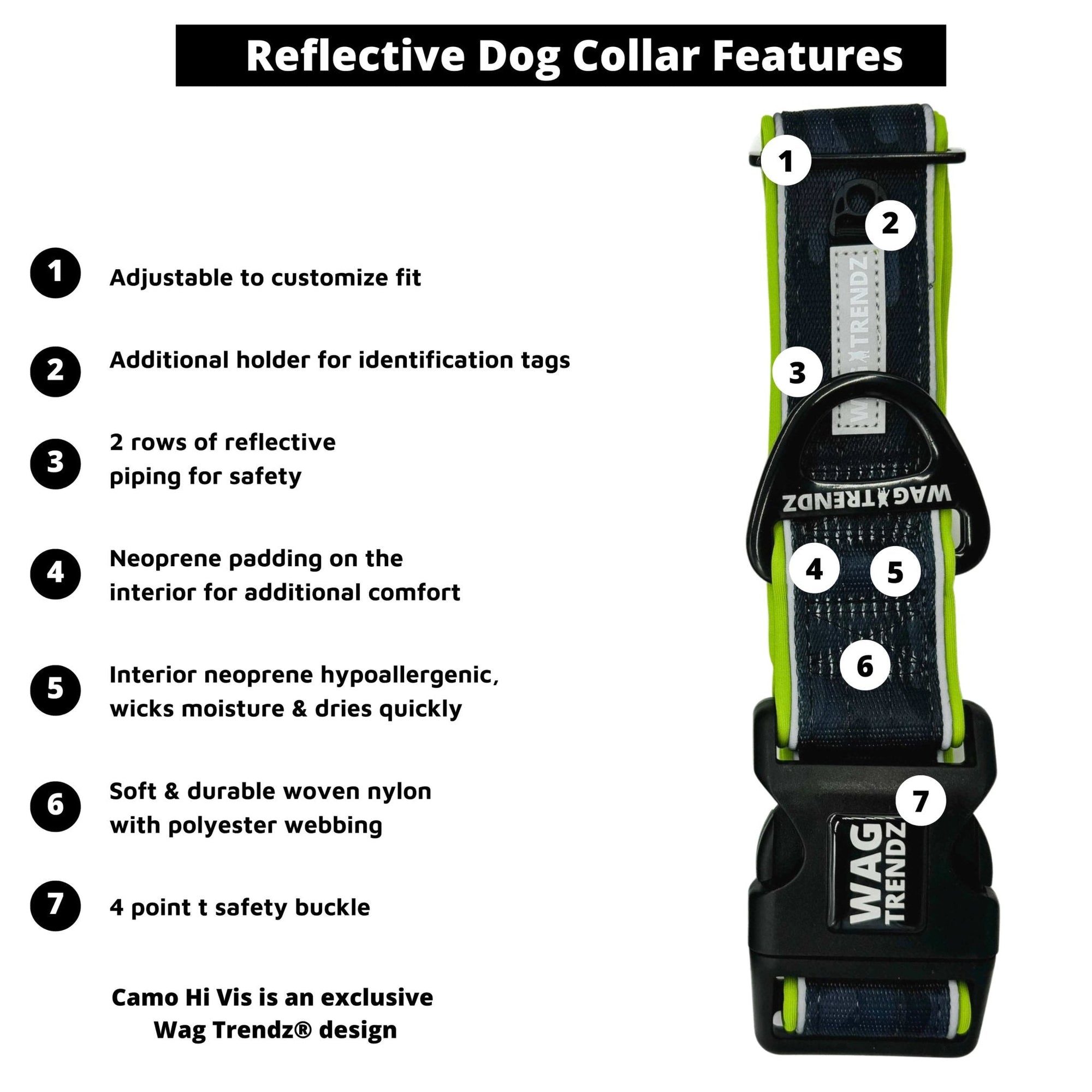 Reflective Dog Collar - black and gray Camo with hi vis accents - with product feature captions - against solid white background - Wag Trendz