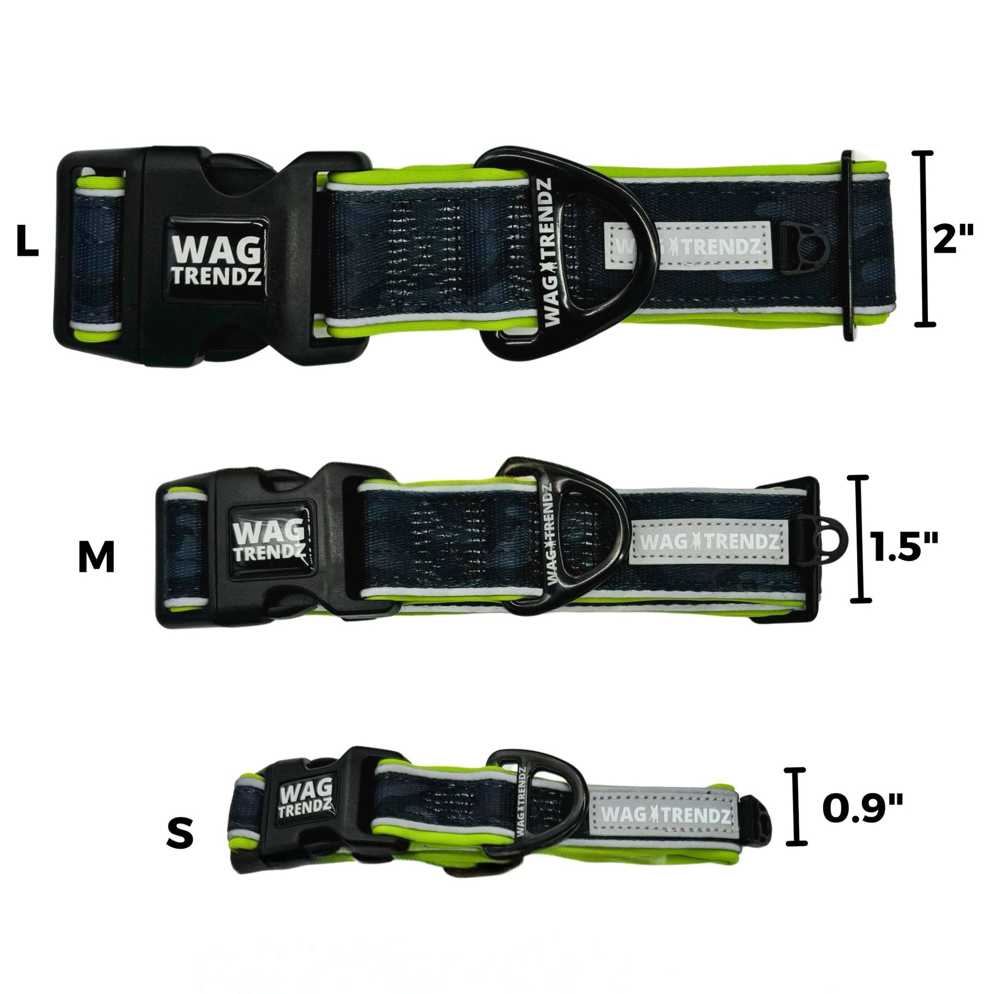 Reflective Dog Collar - black and gray Camo with hi vis accents - 3 reflective dog collars in small, medium and large with measurements - against solid white background - Wag Trendz