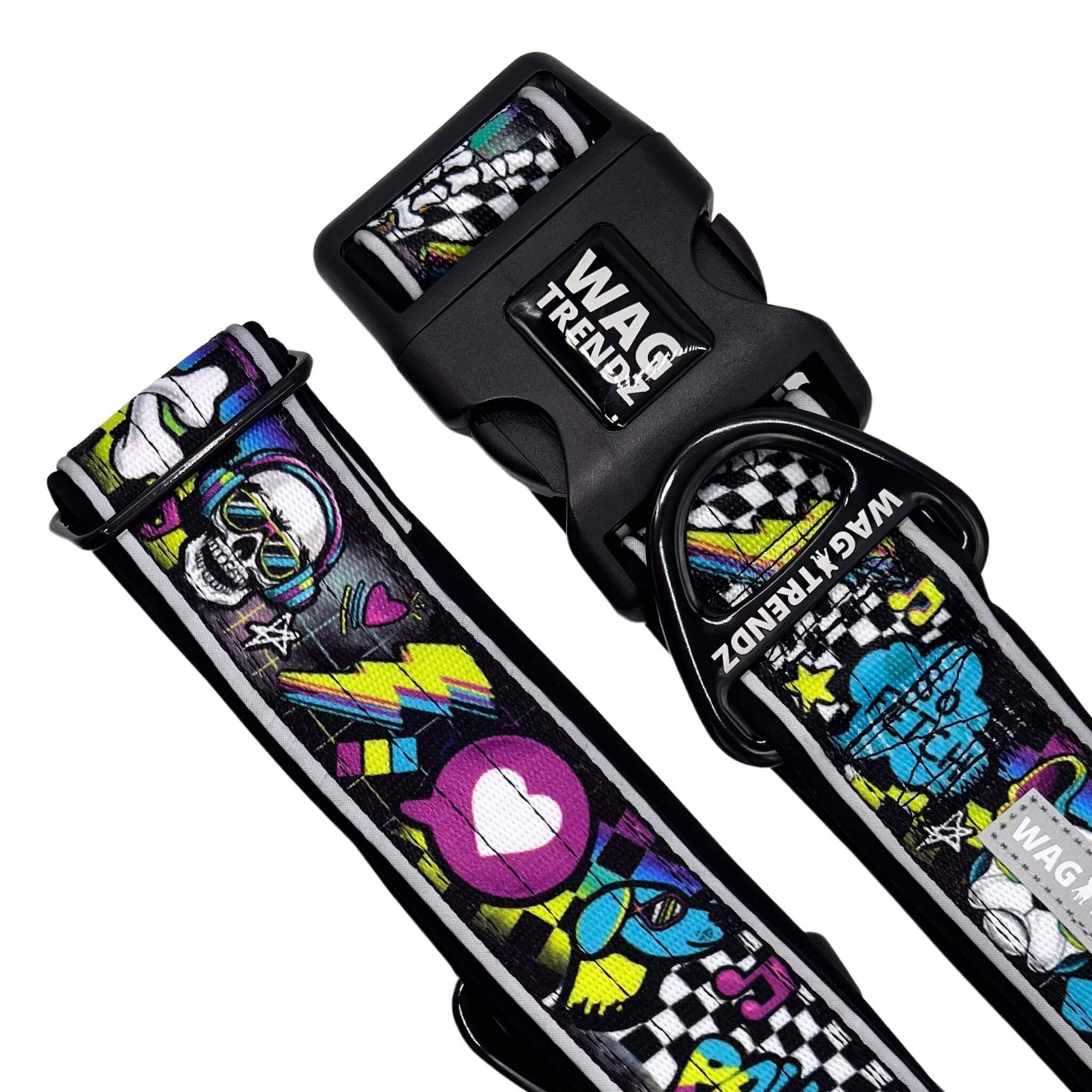 Reflective Dog Collar - Skull Society reflective collar with multicolored graphics in yellow, blue, purple with black background - against solid white background - Wag Trendz