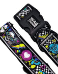 Reflective Dog Collar - Skull Society reflective collar with multicolored graphics in yellow, blue, purple with black background - against solid white background - Wag Trendz