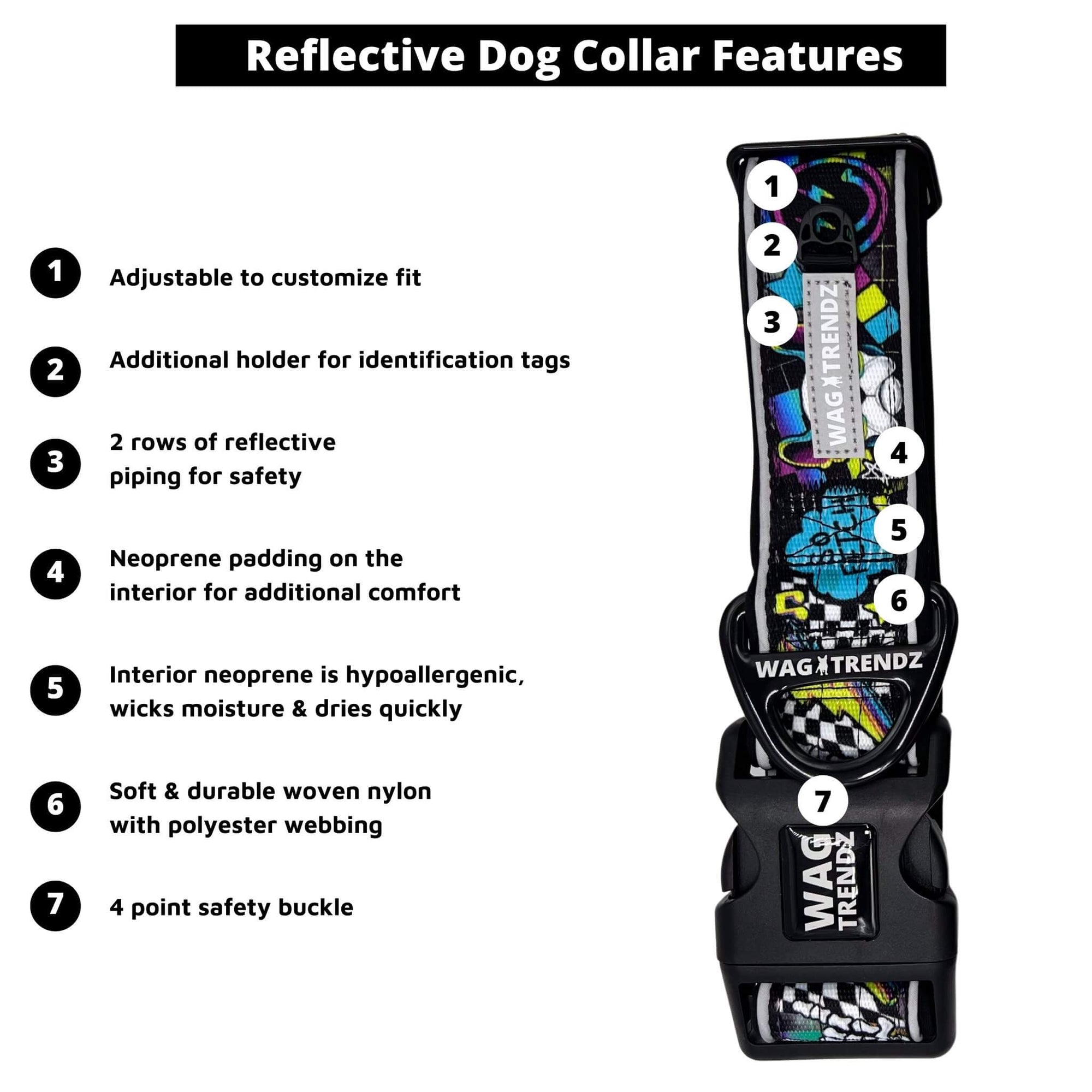 Reflective Dog Collar - Skull Society reflective collar with multicolored graphics in yellow, blue, purple with black background - with product feature captions against solid white background - Wag Trendz