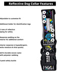 Reflective Dog Collar - Skull Society reflective collar with multicolored graphics in yellow, blue, purple with black background - with product feature captions against solid white background - Wag Trendz