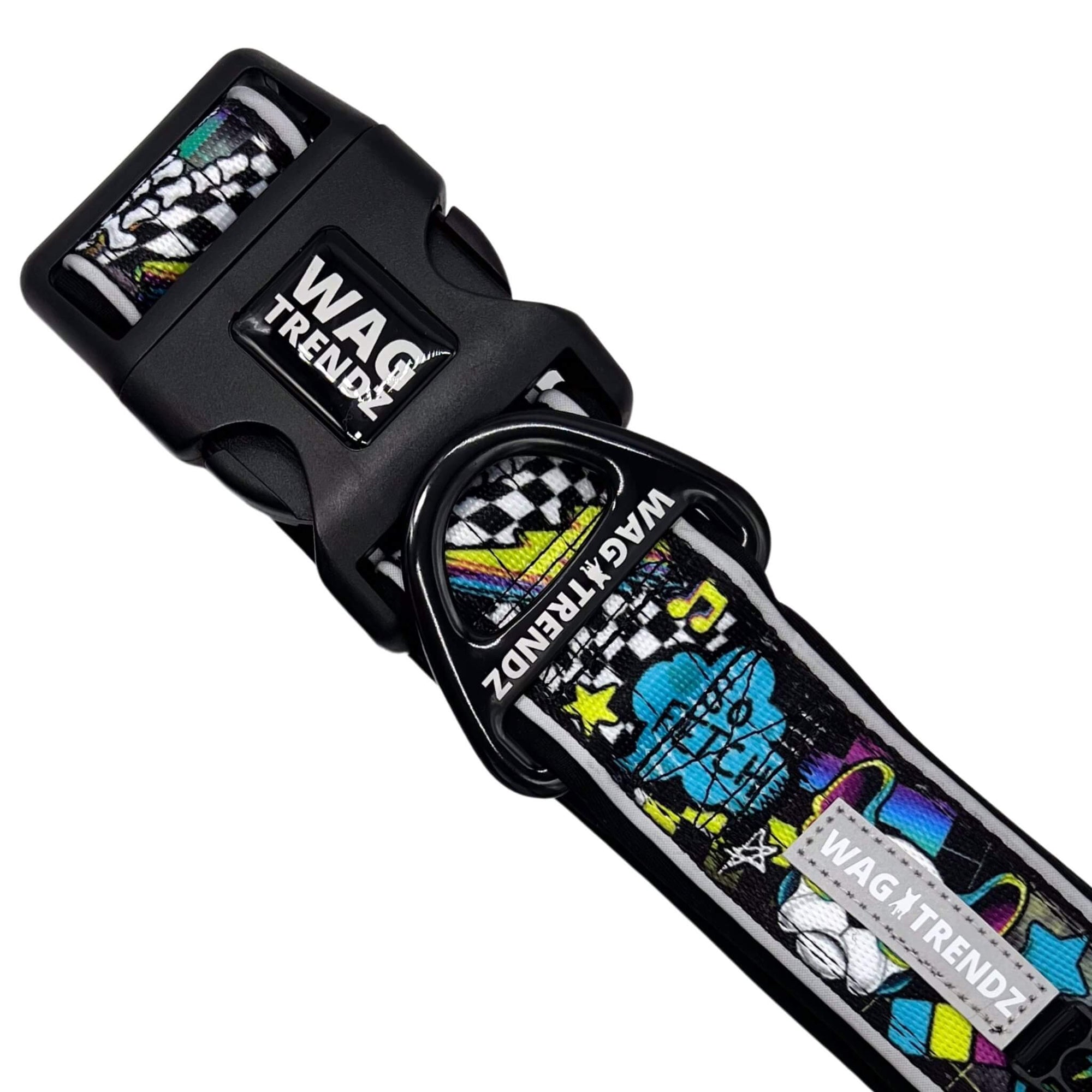 Reflective Dog Collar - Skull Society reflective collar with multicolored graphics in yellow, blue, purple with black background - against solid white background - Wag Trendz