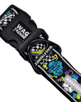 Reflective Dog Collar - Skull Society reflective collar with multicolored graphics in yellow, blue, purple with black background - against solid white background - Wag Trendz