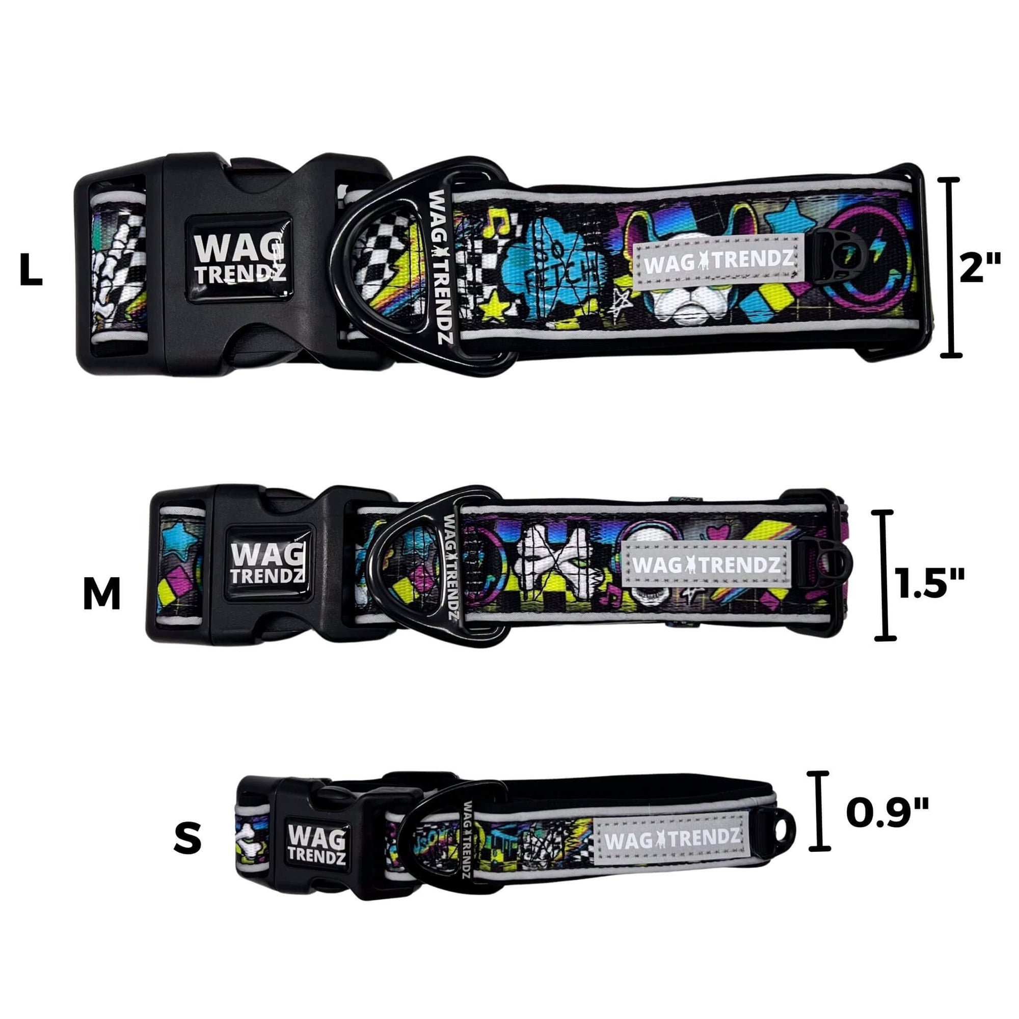 Reflective Dog Collar - Skull Society reflective collar in small, medium and large with multicolored graphics in yellow, blue, purple with black background - against solid white background  with size measurements for each size collar- Wag Trendz