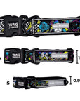 Reflective Dog Collar - Skull Society reflective collar in small, medium and large with multicolored graphics in yellow, blue, purple with black background - against solid white background  with size measurements for each size collar- Wag Trendz