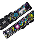 Reflective Dog Collar - Skull Society reflective collar with multicolored graphics in yellow, blue, purple with black background - against solid white background - Wag Trendz