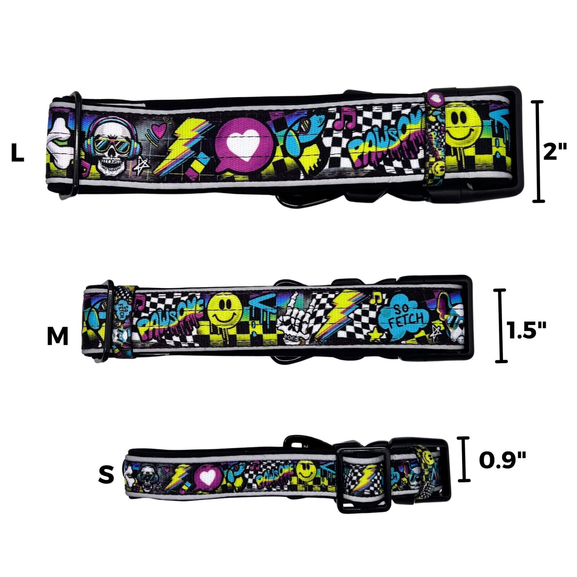 Reflective Dog Collar - Skull Society reflective collar in small, medium and large with multicolored graphics in yellow, blue, purple with black background - against solid white background  with size measurements for each size collar- Wag Trendz