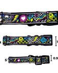 Reflective Dog Collar - Skull Society reflective collar in small, medium and large with multicolored graphics in yellow, blue, purple with black background - against solid white background  with size measurements for each size collar- Wag Trendz