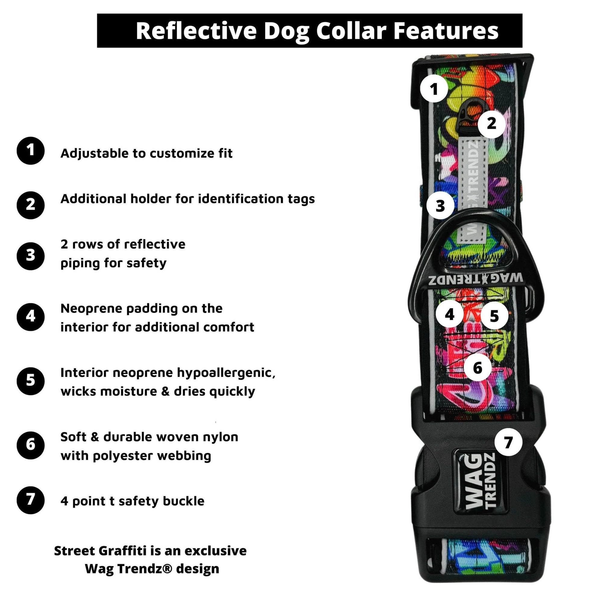 Reflective Dog Collar - Multicolored Street Graffiti Reflective Dog Collar - with product feature captions - against solid white background - Wag Trendz