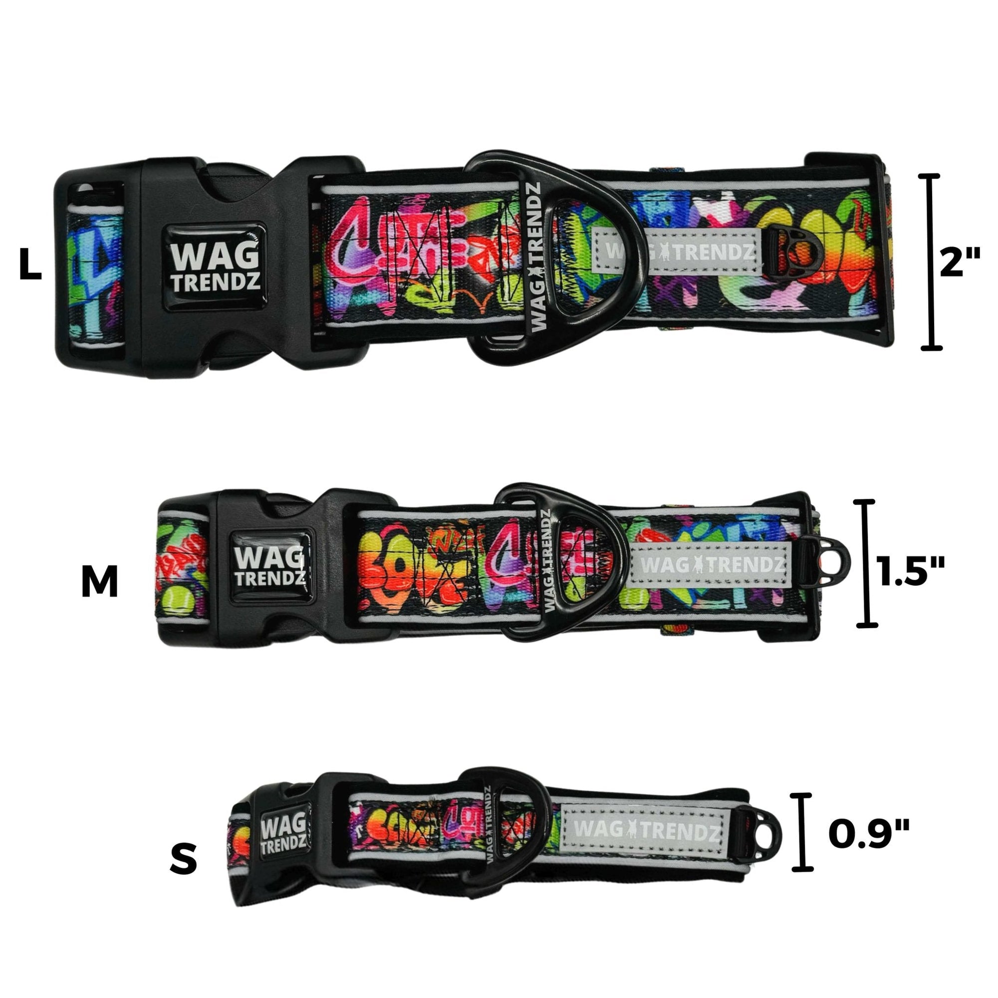 Reflective Dog Collar - Multicolored Street Graffiti Reflective Dog Collar in Small, Medium and large with collar widths - against solid white background - Wag Trendz