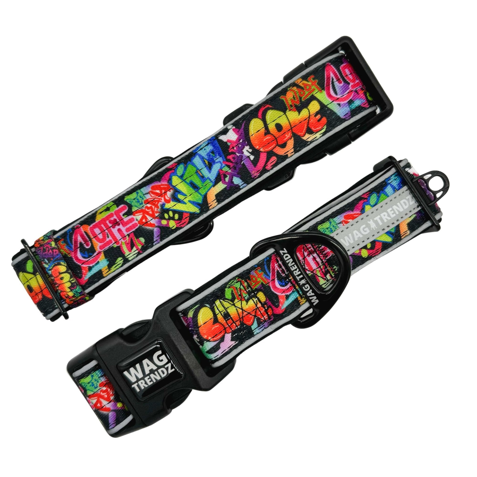 Reflective Dog Collar - Multicolored Street Graffiti Reflective Dog Collar - front and back view - against solid white background - Wag Trendz