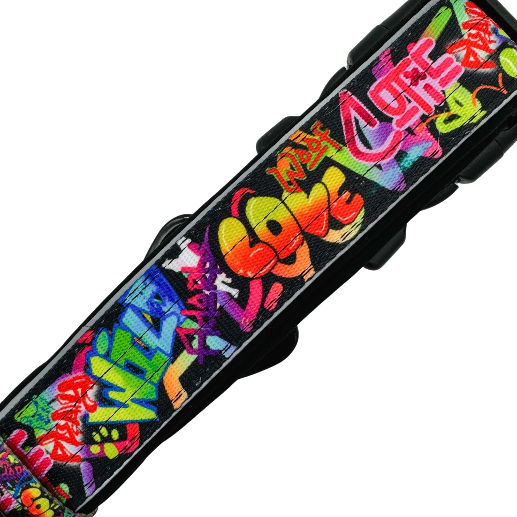 Reflective Dog Collar - Multicolored Street Graffiti Reflective Dog Collar - close up view - against solid white background - Wag Trendz