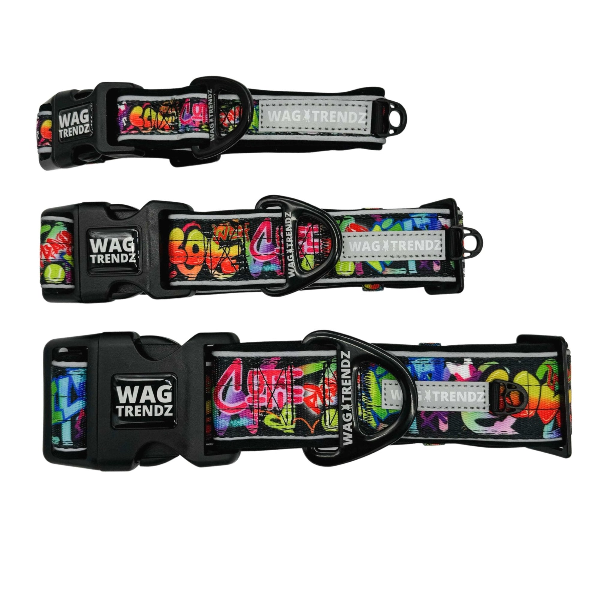 Reflective Dog Collar - Multicolored Street Graffiti Reflective Dog Collar in Small, Medium and large - against solid white background - Wag Trendz